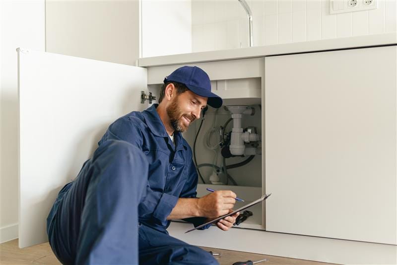 Residential plumber reviewing plumbing repairs in a Maitland kitchen