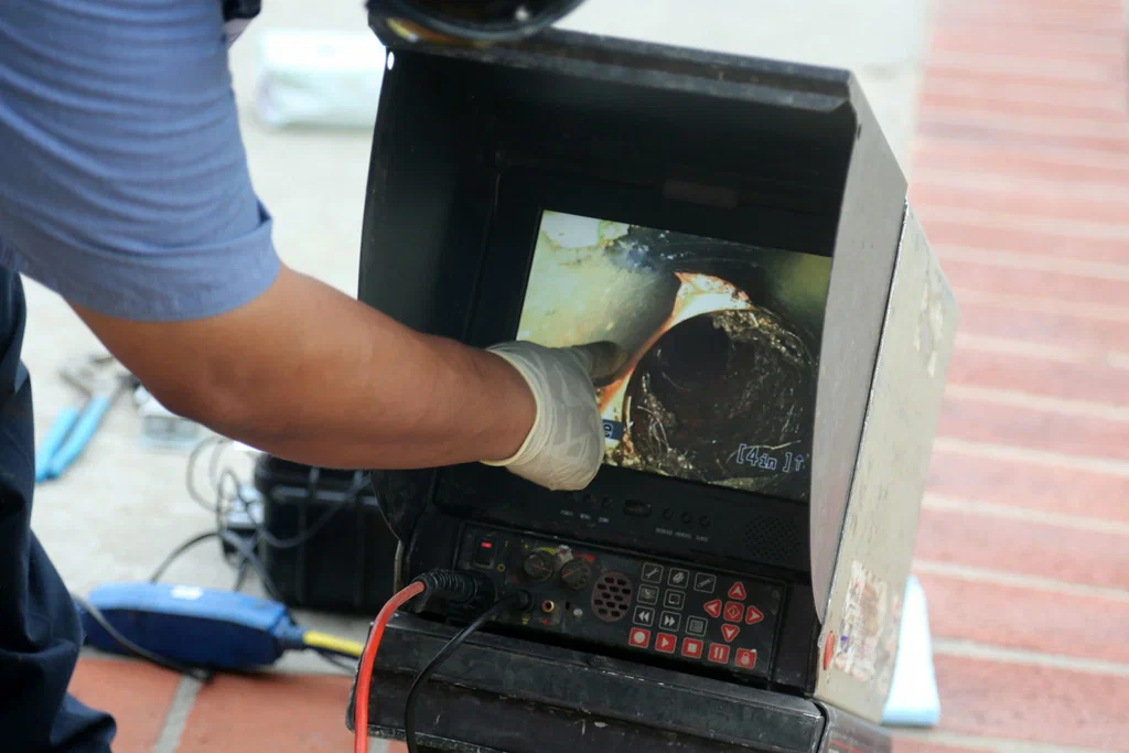 Technician viewing a drain inspection camera in Maitland