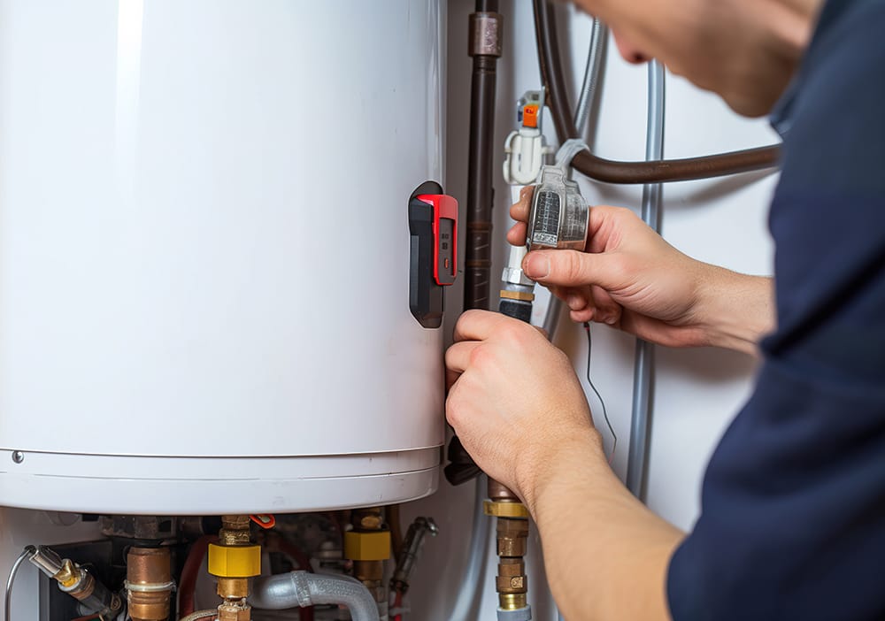 Technician repairing pipes connected to a water heater in Maitland